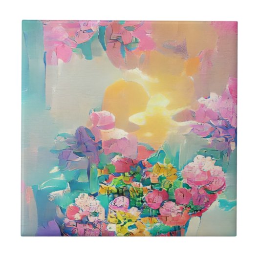 Blume in Rosa und Gelb Fliese (Vorderseite)