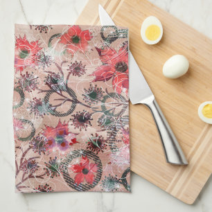 Blume in Rot auf Beige. Geschirrtuch