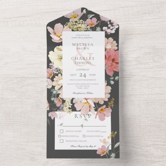 Blume in Schwarz und Rosa Abendessen All In One Einladung (Innen Boden)