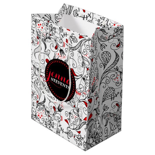 Blume in Schwarz-Weiß-Retro Mittlere Geschenktüte (Rückseite Schrägansicht)