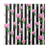 Blume in Schwarz-Weiß-Rosa Streifen Fliese (Vorderseite)