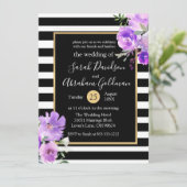 Blume in Schwarz-Weiß-Streifen Rose Hochzeit Einladung (Stehend Vorderseite)