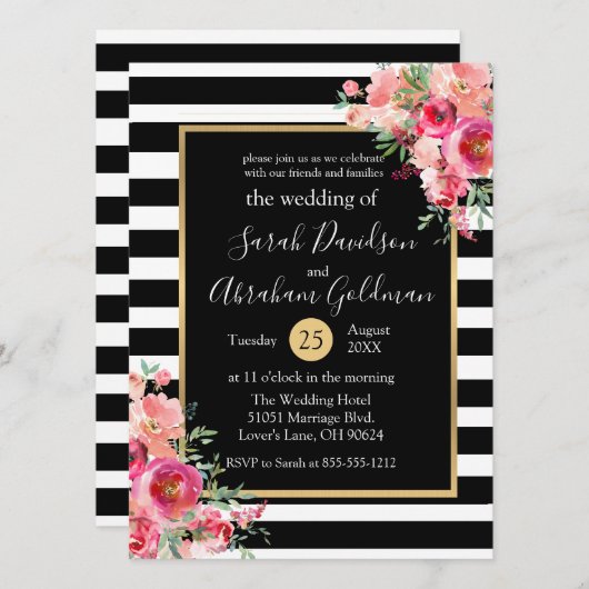 Blume in Schwarz-Weiß-Streifen Rose Hochzeit Einladung (Vorne/Hinten)