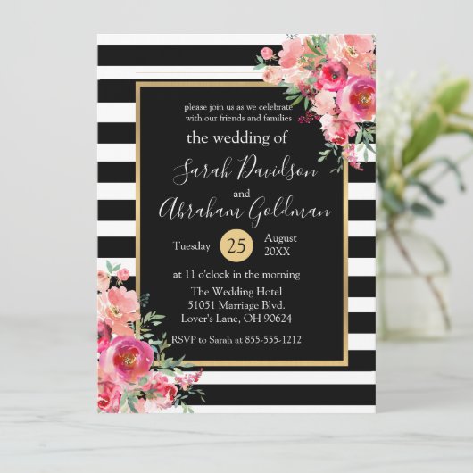 Blume in Schwarz-Weiß-Streifen Rose Hochzeit Einladung (Stehend Vorderseite)