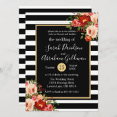 Blume in Schwarz-Weiß-Streifen Rose Hochzeit Einladung (Vorne/Hinten)