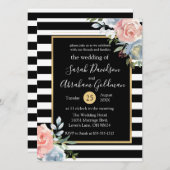 Blume in Schwarz-Weiß-Streifen Rose Hochzeit Einladung (Vorne/Hinten)