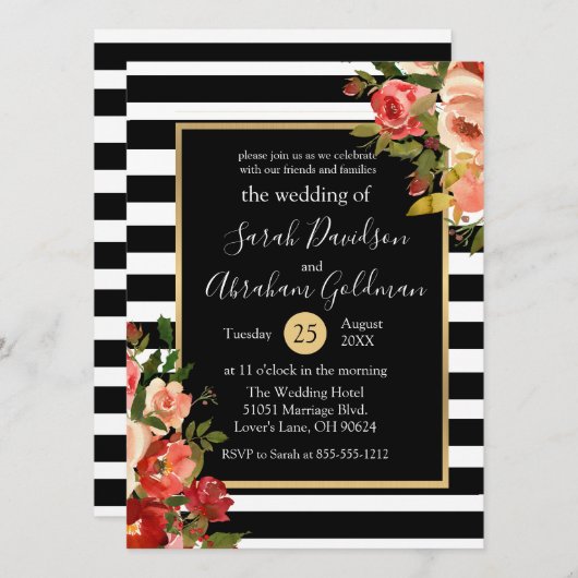 Blume in Schwarz-Weiß-Streifen Rose Hochzeit Einladung (Vorne/Hinten)