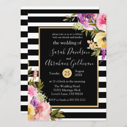 Blume in Schwarz-Weiß-Streifen Rose Hochzeit Einladung (Vorne/Hinten)