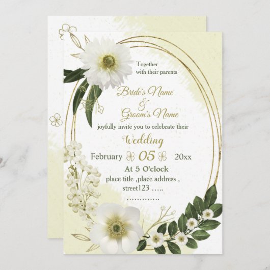 Blume in Weiß und Gold, geometrische Hochzeit Einladung (Vorne/Hinten)