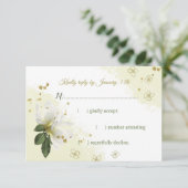 Blume in Weiß und Gold, grüne Blätter RSVP Karte (Stehend Vorderseite)