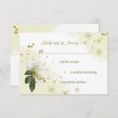 Blume in Weiß und Gold, grüne Blätter RSVP Karte (Vorne/Hinten)