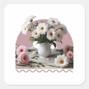 Blume in Weiß und Rosa Quadratischer Aufkleber