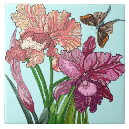 Blume, Iris und Schmetterling auf Minze Fliese