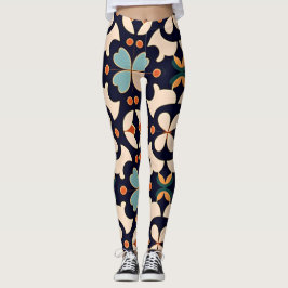 Blume Isometrisches blaues Beige Blumenmuster Leggings
