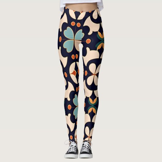 Blume Isometrisches blaues Beige Blumenmuster Leggings (Vorderseite)