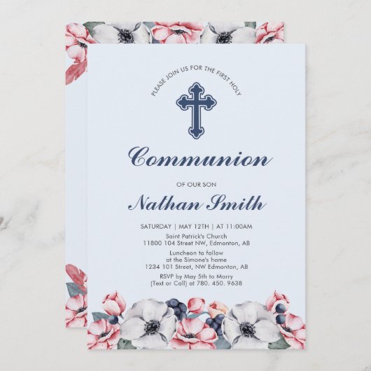 Blume, Junge | Erste Kommunion / Bestätigung Einladung (Vorne/Hinten)