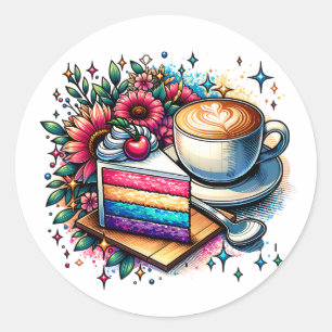 Blume, Kaffee und Regenbogenkuchen Runder Aufkleber