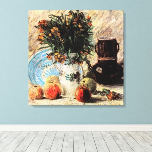 Blume, Kaffeeepot und Obst von Vincent van Gogh Leinwanddruck (Insitu (Holzboden))