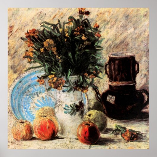 Blume, Kaffeeepot und Obst von Vincent van Gogh Poster (Vorne)