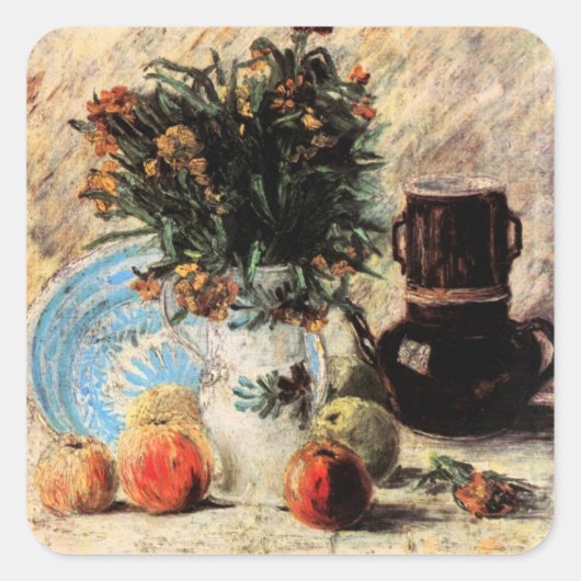 Blume, Kaffeeepot und Obst von Vincent van Gogh Quadratischer Aufkleber (Vorderseite)