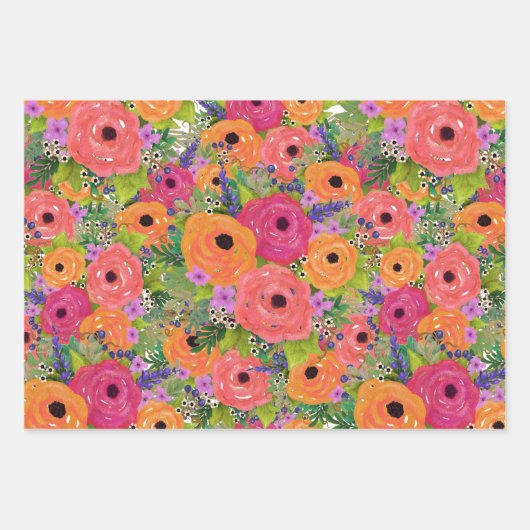 Blume, Kariert und geometrisch | Warme Farben Geschenkpapier Set (Vorderseite)