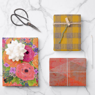 Blume, Kariert und geometrisch   Warme Farben Geschenkpapier Set