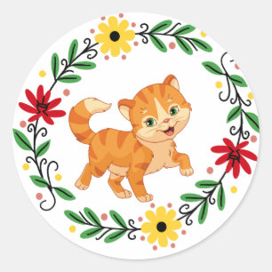 Blume Katzenaufkleber Runder Aufkleber