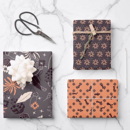 Blume, Kiefernzapfen, Eichhörnchen, Sterne, Beeren Geschenkpapier Set (Vorderseite)