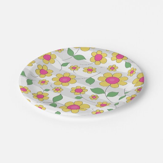 Blume Kinder rosa Gelbe Federdoodles Pappteller (Schrägansicht)