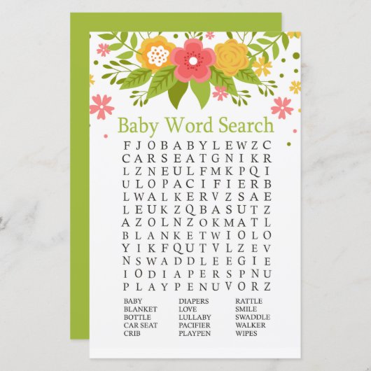 Blume Kinderdusche Word Search Game (Vorne/Hinten)