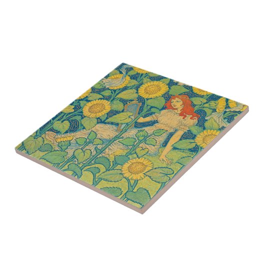 Blume Kinderfrau im Sonnenblumengarten Fliese (Seite)