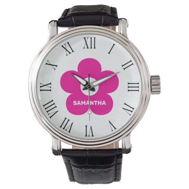 Blume Klassischer Schwarz-Weiß-Rosa-Individuelle N Armbanduhr (Vorderseite)