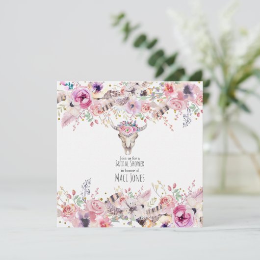 Blume & Kuhschädel Rustikale Landgalm Einladung (Stehend Vorderseite)