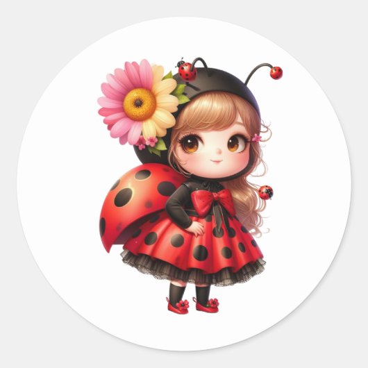 Blume Ladybug Girl Runder Aufkleber (Vorderseite)