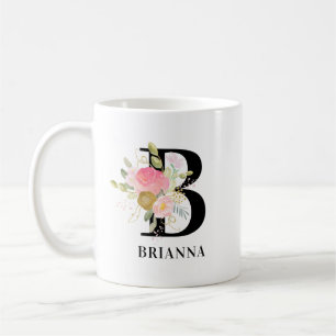 Blume Letter Pink and Gold Floral Mit Monogramm Kaffeetasse