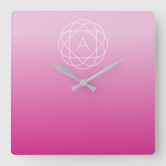 Blume-like Geometric Monogram | Pink Shaded Ombre Quadratische Wanduhr (Vorderseite)