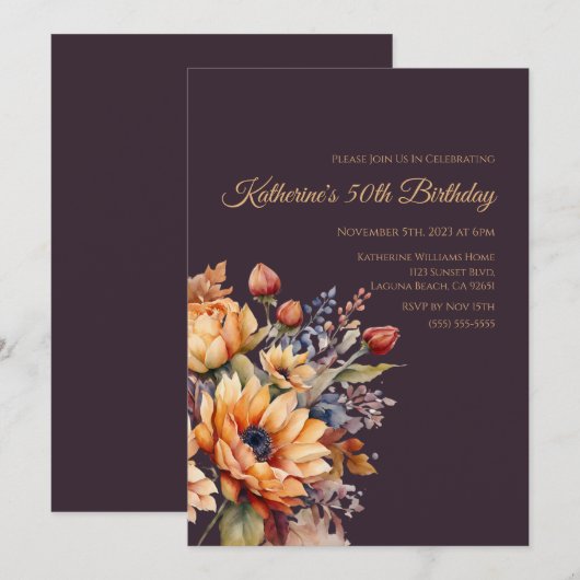 Blume-Lila- Einladung (Vorne/Hinten)