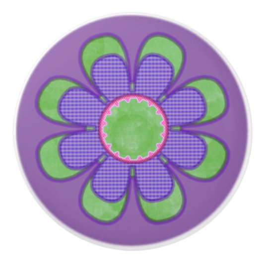 Blume lila Karo Keramikknauf (Vorderseite)