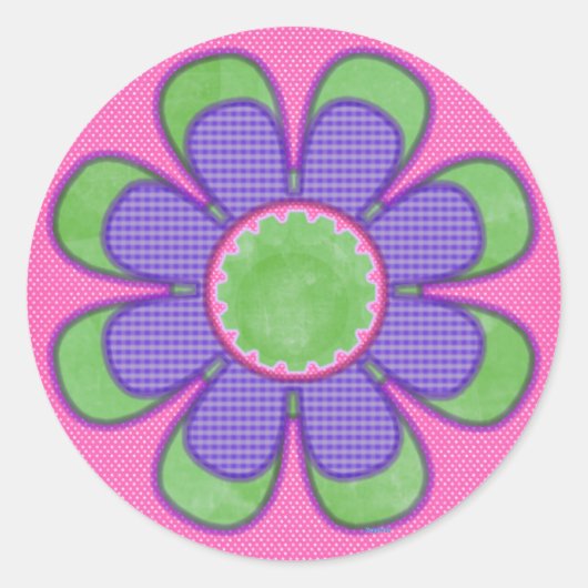 Blume lila Karo Runder Aufkleber (Vorderseite)