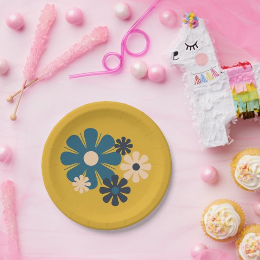 Blume Locus Retro 60er 70er Floral Muster Mustard Pappteller (Party)