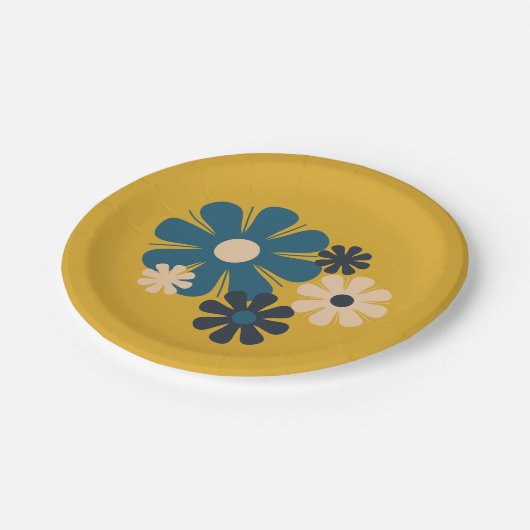 Blume Locus Retro 60er 70er Floral Muster Mustard Pappteller (Schrägansicht)