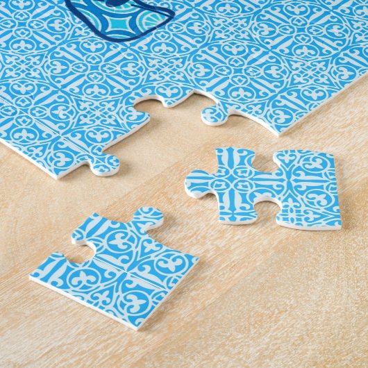 Blume Lotus Elephant, Türkis und Weiß Puzzle (Seite)