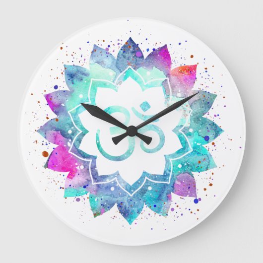 *~* Blume Lotus OM OM Symbol Wasserfarbe Mandala Große Wanduhr (Vorderseite)
