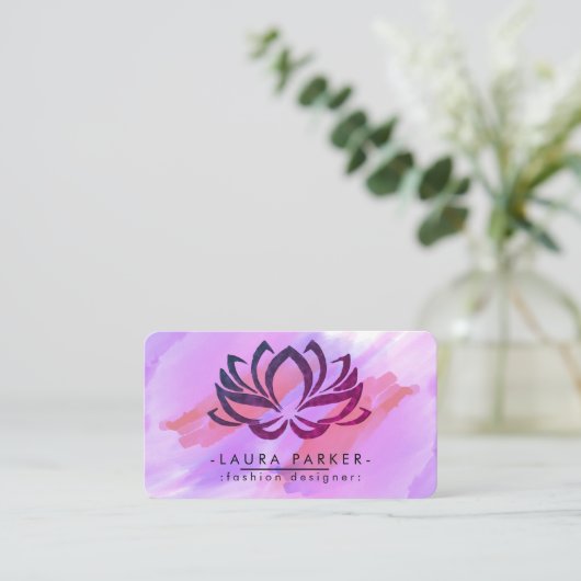 Blume Lotus Wasserfarben Rosa Lila Spritzer Yoga Visitenkarte (Stehend Vorderseite)