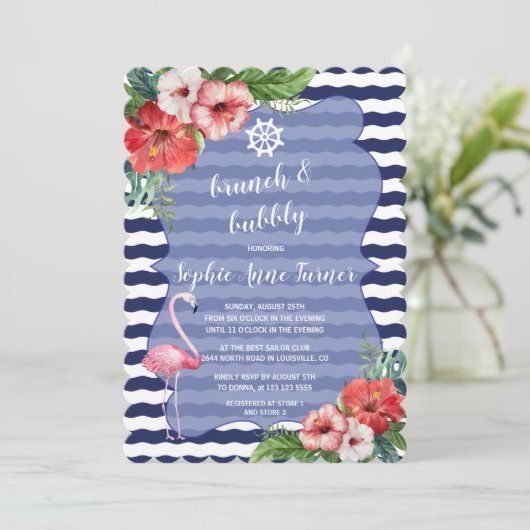 Blume Luau Flamingo Navy Stripes Brunch & Bubbly Einladung (Stehend Vorderseite)