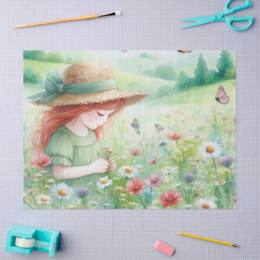 Blume Mädchen im Gartengewirr pflücken Seidenpapier (Basteln)