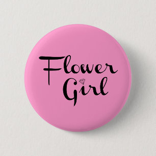 Blume Mädchen Retro-Script Schwarz auf Rosa Button