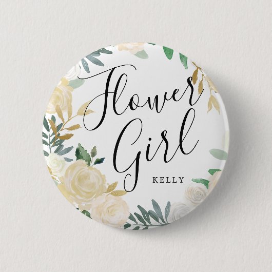 Blume Mädchen White Rose Bouquet Custom Wedding Button (Vorderseite)