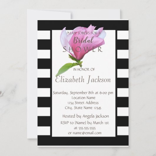 Blume, Magnolia Schwarz-weiße Streifen Brautparty Einladung (Vorderseite)