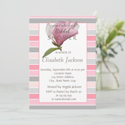Blume, Magnolia Streifen Brautparty Einladung (Stehend Vorderseite)